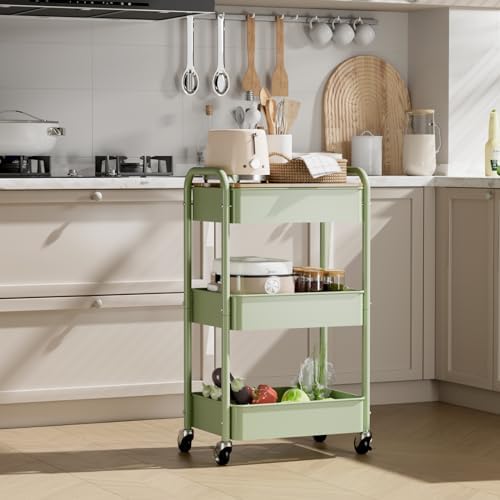 3 Tier Rolling Cart with Table top, Metal Rolling Utility Cart, Sturdy Storage Organizer Cart with Locking Wheels & Hooks for Office, Classroom, Kitchen and Bathroom - Image 6