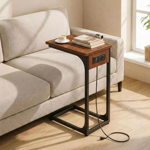 TEMI C Shaped End Table for Couch with Charging Station, Small Side Table TV Tray for Eating or Laptop, Accent Desk for Sofa or Chair, Space Saving Living Room Bedroom, Rustic Walnut by TEMI