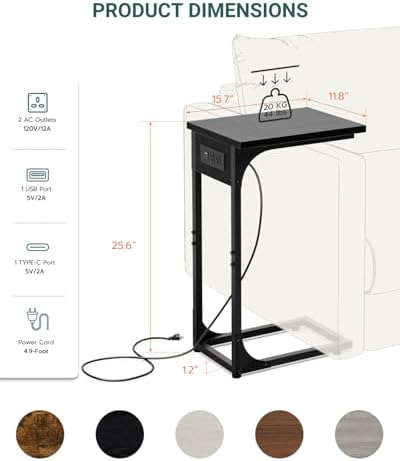 C-Shaped Side Table for Couch - Small Coffee Stand Sofa Tray Desk with Metal Frame Waterproof Scratch Resistant Wood Top and Built-in Charging Station, Black - Image 2