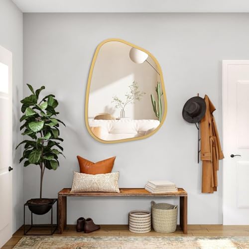 Large Asymmetrical Wall Mirror Irregular Wood Frame Modern Unique Wall-Mounted Artistic Wavy Mirror Decor Bathroom Vanity Bedroom Living Room Entryway Hallway 26"x18" - Image 5