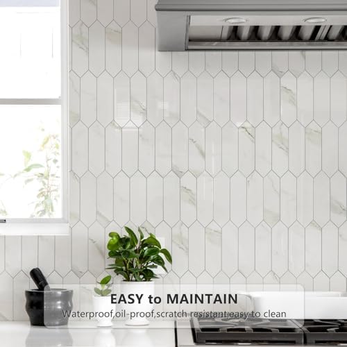 Vamos Tile Glossy White Marble Backsplash Tile Peel and Stick, 12.8 x 12.8 Inch 10 Sheets Long Hexagon PVC Self Adhesive Mosaic Wall Tiles Stick on Backsplash for Kitchen and Bathroom - Image 3