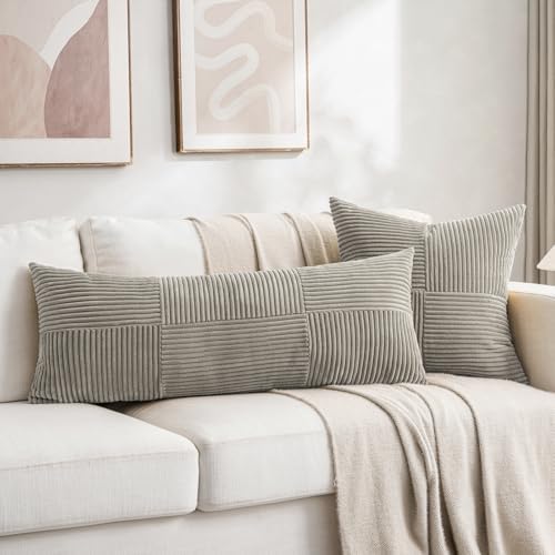 Fancy Homi Set of 2 Neutral Grey Boho Long Lumbar Body Decorative Throw Pillow Cover 14x36 Inch for Bed Couch Bedroom Bench, Soft Patchwork Corduroy Textured Pillow Case, Rustic Farmhouse Room Décor - Image 5