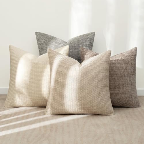 MIULEE Decorative Chenille Pillow Covers Neutral Beige 22x22 Pack of 4 - Image 3