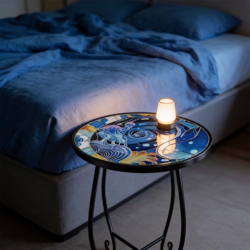 Small Mosaic Outdoor Side Table, 10-Inch Round Metal Patio Table - Image 2
