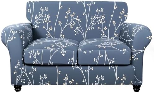 SearchI Stretch Sofa Cover Printed Couch Cover, Floral Pattern 3 Pieces Loveseat Slipcover with 2 Separate Cushion Cover, Washable Furniture Protector for Living Room(Loveseat, Gray Blue) by SearchI