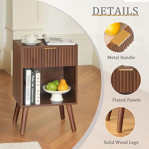 Fultyle Walnut Nightstand, Fluted Bedside Table with Drawer and Open Shelf - Image 4