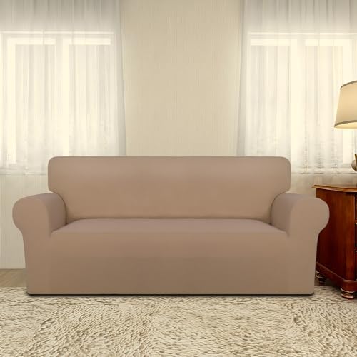 PureFit Super Stretch Sofa Slipcover – Spandex Non Slip Soft Couch Sofa Cover, Washable Furniture Protector with Non Skid Foam and Elastic Bottom for Kids, Pets (Oversized Loveseat, Camel) - Image 2