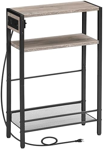 HOOBRO Small Narrow Side Table with Charging Station, Skinny End Table for Small Spaces, Slim Nightstand with USB Ports Outlet, Sofa Beside Table with Storage Shelf, Greige and Black BG102UBZ01 by HOOBRO