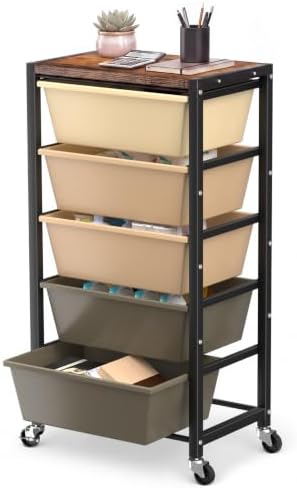 Rolling Cart with 5 Drawers, Plastic Drawer Storage Carts with Wheels & Wooden Tabletop, Metal Utility Cart for Office Bedroom Living Room Classroom, Craft Organization and Storage, Brown by TimeForest