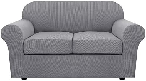 H.VERSAILTEX 3 Piece Stretch Sofa Covers for 2 Cushion Loveseat Couch Covers for Living Room Sofa Slipcovers (Base Cover Plus 2 Seat Cushion Covers) Thicker Jacquard Fabric(Medium Sofa, Dove) by HVERSAILTEX