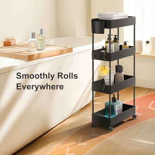 Pipishell 4 Tier Slim Storage Cart with Wheels, Laundry Cart, Black - Image 5