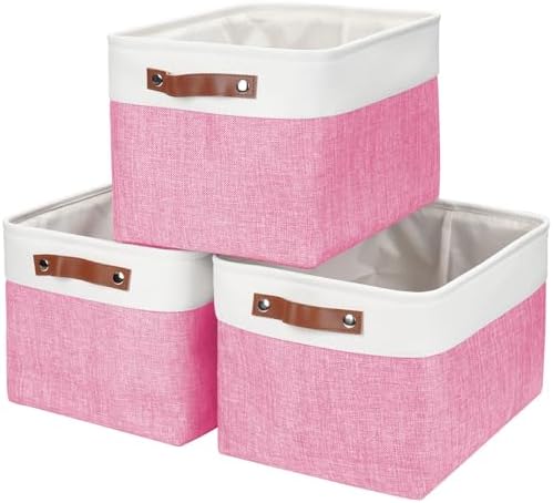 Bagnizer Storage Bins Large Fabric Storage Baskets for Shelves 3 Pack, Decorative Linen Closet Baskets with Handles for Organizing, Shelf, Clothes, Home, Office, 15x11x9.5Inches (Pink&White) by Bagnizer