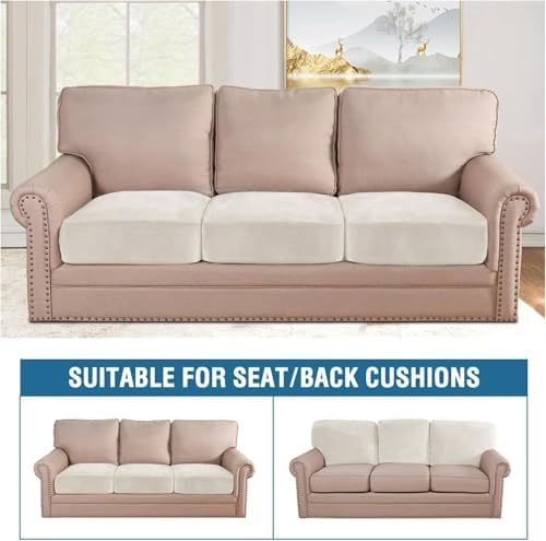 H.VERSAILTEX Velvet Stretch Couch Cushion Cover Plush Cushion Slipcover for Chair Loveseat Sofa Cushion Furniture Protector Seat Cushion Sofa Cover (3 Piece Sofa Cushion Covers, Porcelain White) - Image 3