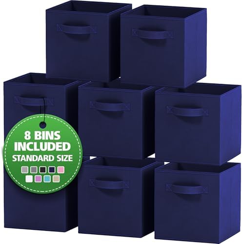 Storage Cubes Pack Of 8 - Standard Size Cube Storage Bin 10.5x10.5x11 With Dual Handles For Easy Carrying- Fabric Storage Bins Collapsible (Navy) by Royexe+Home