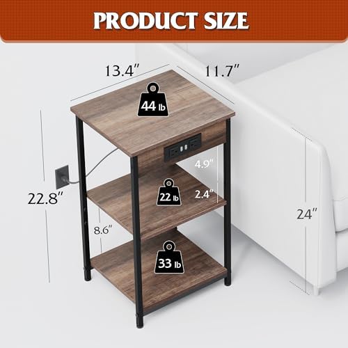 WLIVE Side Table with Charging Station and USB Ports, Small End Tables for Small Spaces, 3-Tier Nightstand with Adjustable Shelf, Bedside Tables, Living Room, Bedroom, Brown - Image 3