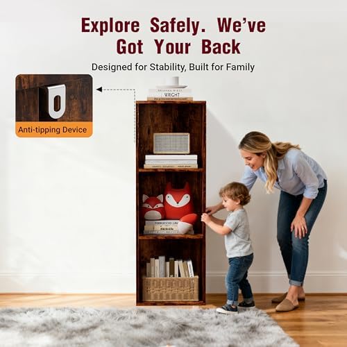 Book Shelf, Wooden Cube Storage Organizer with 11" Open Cubes, Stackable Bookcase for Room Divider Storage, 3 Tier Bookshelf for Living Room, Bedroom, Office (Indonesian Antique Oak, 3-Cube) - Image 4