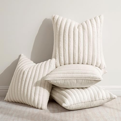 MIULEE Faux Fur Plush Decorative Throw Pillow Covers 18x18, Cream White - Image 3