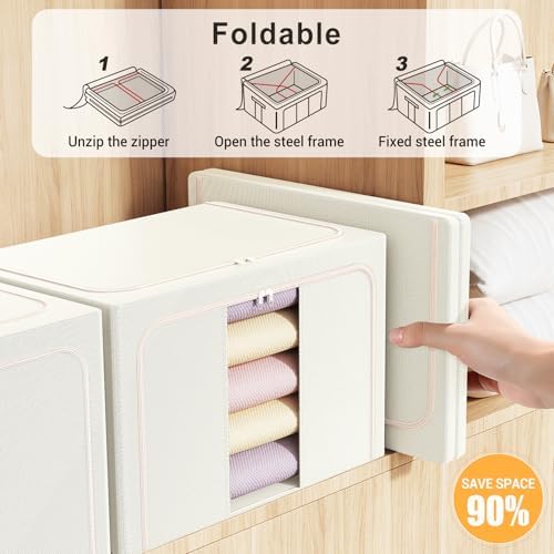 Clothes Storage Bins with Metal Frame, Foldable Clothes Organizers Storage Containers for Clothes, Sheets, Blankets, Pillows and Towels (100L, 3 Pack) Beige - Image 4