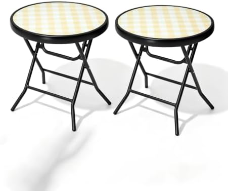 Foldable Side Table with Tempered Glass Top, 2 Pack Yellow by PATIOHIT