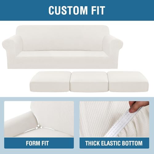 H.VERSAILTEX 4 Piece Stretch Sofa Covers for 3 Cushion Couch Covers for Living Room Furniture Slipcovers (Base Cover Plus 3 Seat Cushion Covers) Thicker Jacquard Fabric (Large Sofa, Porcelain White) - Image 4