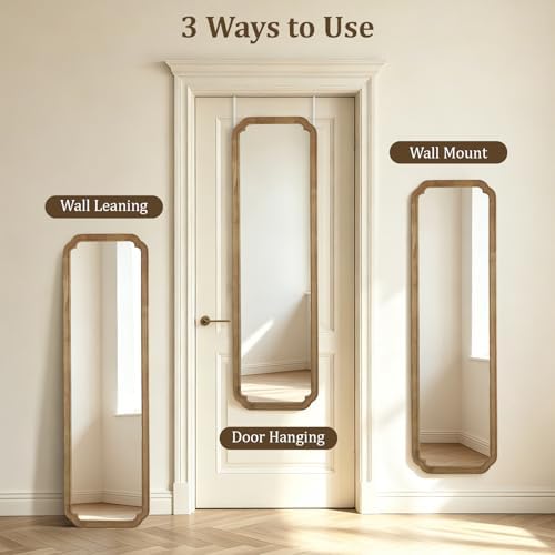 WallBeyond 48" x 14" Full Length Door Mirror with Rustic Rounded Corner Wood Frame, Over the Door Hanging Mirror for Bedroom, Closet, Dressing Area and Entryway, Natural - Image 3