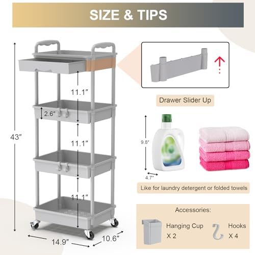 Goovilla 4 Tier Rolling Utility Cart Organizer with Removable Drawer, Grey - Image 4