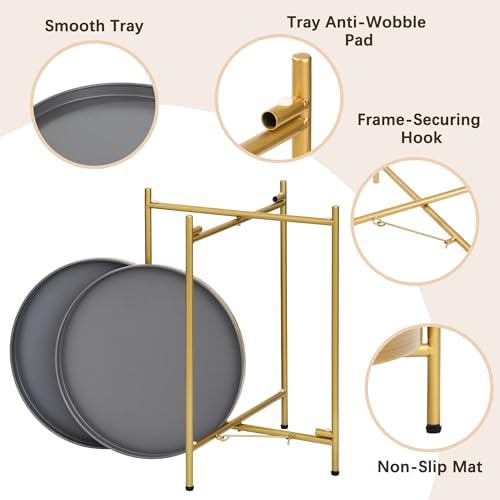 2-Tier Round End Side Table, Small Metal Side Table with Removable Tray, Folding Accent Tables for Living Room, Balcony, Nightstand for Bedroom, Outdoor Tables for Patio, Gold&Grey - Image 4