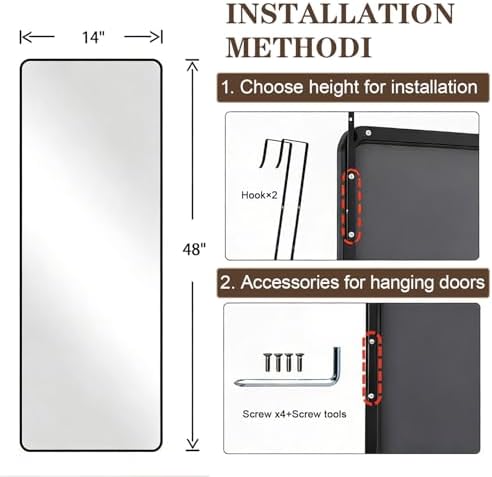 DMWOODFL 14"x48" Full Length Over The Door Mirror, Aluminum Alloy Frame Full Body Mirror with Height-Adjustable Hangers, Hanging Leaning Against Wall for Dorm Bathroom, Bedroom, Entryway Decor(Black) - Image 2