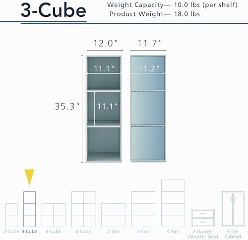Homes: Inside + Out Apexa 3-Cube Storage Organizer Shelves, Stackable Wood Bookcase Fits Cubby Bins for Organization, Dorm Teen Room Decor & Home Office, Light Blue - Image 3