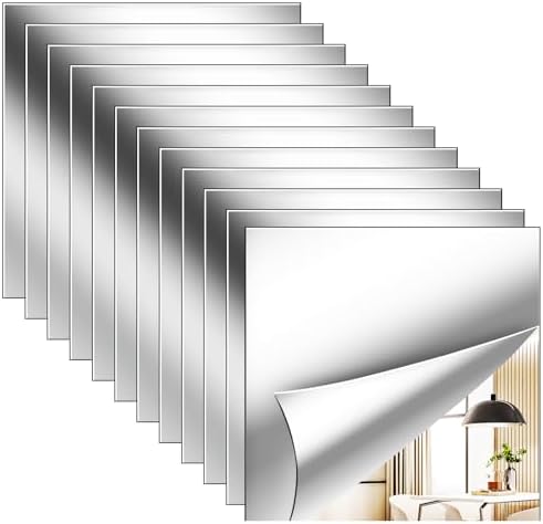 12 Pack Flexible Mirror Sheets 12x12 Inch Self Adhesive Non-Glass Mirror Tiles, Cuttable Shatterproof Acrylic Stickers, Safe Reflective Film for DIY Home Wall Decor Kitchen Bedroom by Unknown