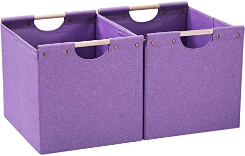 HOONEX Large Foldable Storage Bins, Linen Fabric, Pack of 2, Storage Baskets with Wooden Carry Handles and Sturdy Heavy Cardboard, for Home, Office, Car, Nursery, Purple by HOONEX
