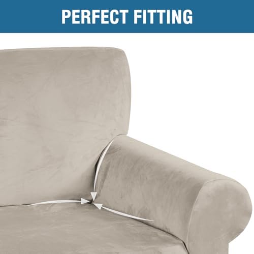 H.VERSAILTEX Stretch Velvet Sofa Covers for 3 Cushion Couch Covers Furniture Protector Soft with Non Slip Elastic Bottom, Crafted from Thick Comfy Rich Velour (Sofa 72"-90", French Oak) - Image 4