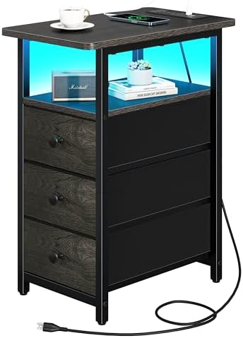Yoobure End Table with Charging Station, LED Narrow Side Table Bedside Table, Small Night Stand End Tables Living Room, Skinny Nightstand with 3 Fabric Drawers, Side Tables Bedroom for Small Spaces by Yoobure