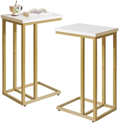 Aibiju Small Side Tables C Shaped, End Table, Small Table Stand for Living Room Bedroom, Little Bedside Table 16x12x25 inch White+Gold YD-TM051WG-2 by Aibijusolidwoodfurniture