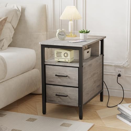 End Table with Charging Station and 2 Fabric Drawers, Greige by JCMCDObyCOZYHOME