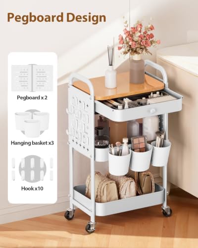 ALVOROG 3 Tier Metal Rolling Cart with Drawer,Wood Top,Pegboards,White - Image 4