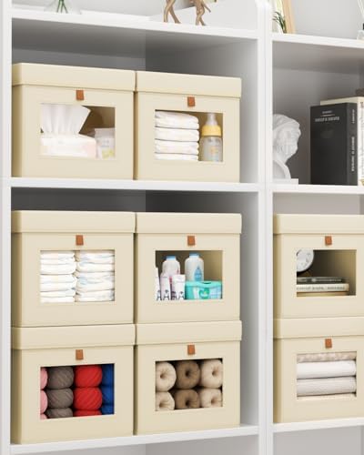 Homsorout Storage Bins with Lid – Closet Organizer with Side Opening and Clear Window, Foldable Stackable Fabric Basket for Clothes, Home, Office - 13.77" x 11.8" x 9.8", 5 Pack, Beige - Image 6