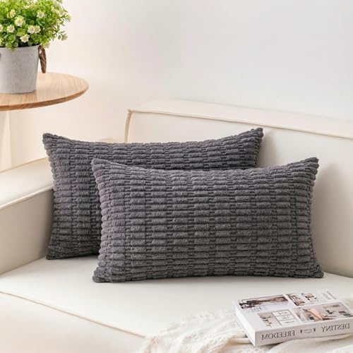 Pack of 2 Corduroy Decorative Throw Pillow Covers 12x20 Inch, Dark Grey by Unknown