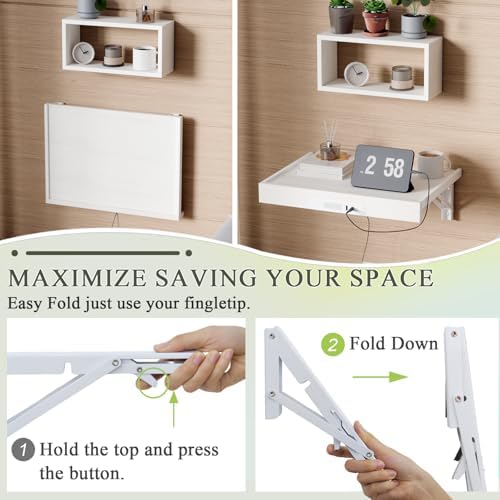 TEAMIX Floating Nightstand with Charging Station, Wall Mounted Folding Bedside Shelf Combo Wood Nightstand with Led Light USB Type C Ports, Bed Side Storage Tray Caddy for Bedroom, Living Room, Dorm - Image 6