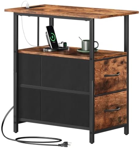 Somdot Narrow End Table with Charging Station, 2 Drawers, Slim Side Table by Somdot