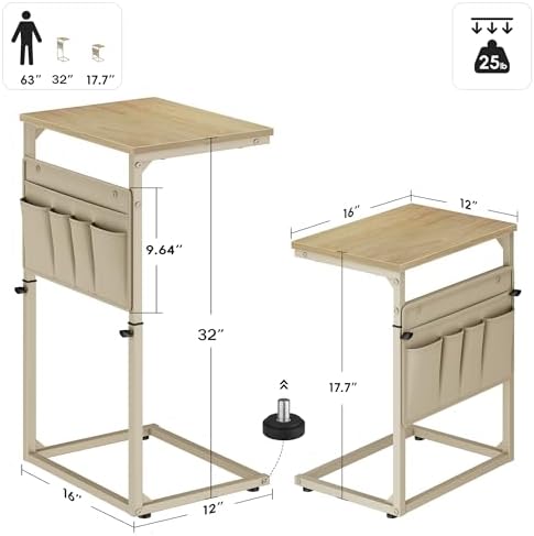 Vagusicc C Shaped End Table, 32'' Tall Side Table for Couch, Adjustable Height Small Couch Side Table for Small Spaces, End Table Slide Under Sofa Table TV Tray Table Arm Table for Living Room - Image 3