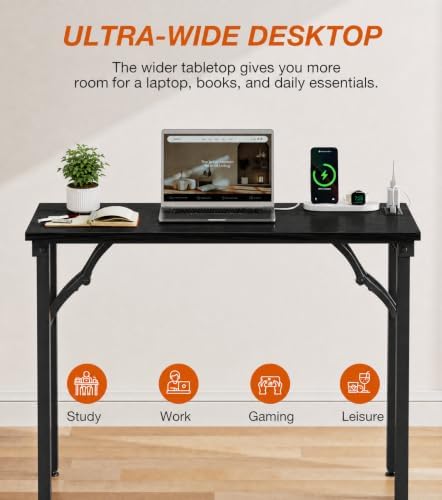 XBurmo Small Folding Desk Folding Table, No Assembly Foldable Desk Gaming Desk, 35.8-Inch Computer Table Workstation with 2 AC Outlets and 2 USB Ports for Bedroom and Home Office, Dark Oak - Image 7