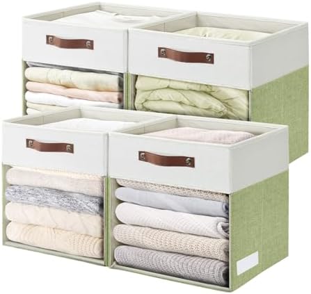Bagnizer Storage Cubes, 4 Pack Linen Foldable Storage Bins (13 x 13 inch) with Clear Window and Handles, Fabric Organizer for Shelf Closet, Clothes, Books - (Green and White) by Bagnizer