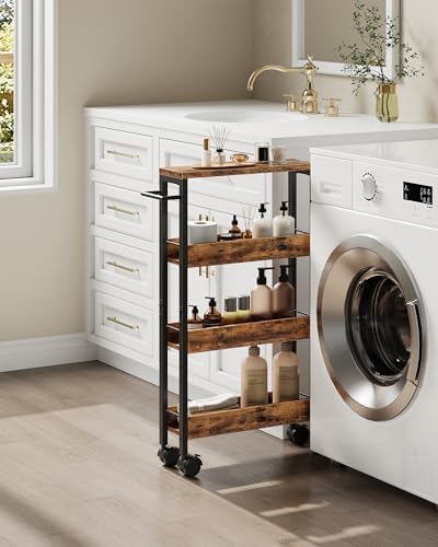 CHOEZON 4-Tier Slim Storage Cart, 5.1'' Kitchen Serving Trolley, Slim Rolling Cart with Handle and Guard Rails, Slim Cabinet for Small Spaces, for Dining Room, Rustic Brown and Black TTC01BF - Image 2