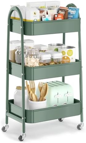 EAGMAK 3 Tier Utility Rolling Cart, Metal Storage Cart with Handle and Lockable Wheels, Multifunctional Storage Organizer Trolley with Mesh Baskets for Kitchen, Living Room, Office, Garage (Jungle) by EAGMAK