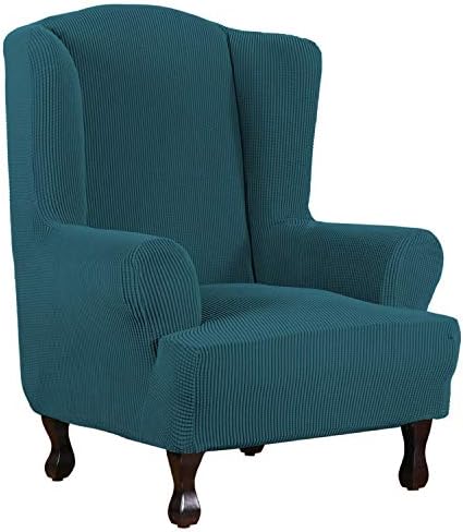 H.VERSAILTEX Wing Chair Slipcover Chair Covers for Wingback Chairs Wingback Chair Covers Slipcovers 1 Piece Stretch Sofa Cover Furniture Protector Soft Spandex Jacquard Checked Pattern, Deep Teal by HVERSAILTEX