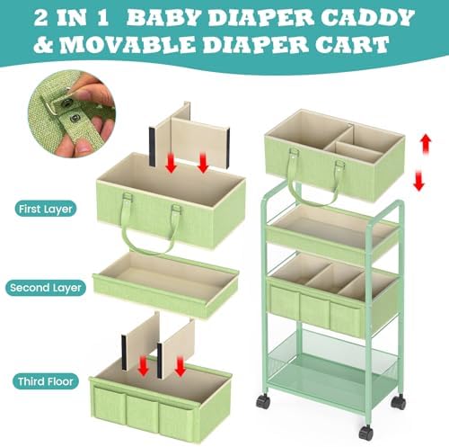 LIDTOP 2in1 Baby Diaper Caddy Organizer Cart, 3-Tier Rolling Cart, Metal Diaper Caddy Carts, Bedside Carts for Nursery Essentials Storage, Detachable Dividers, Large Capacity, Green - Image 3