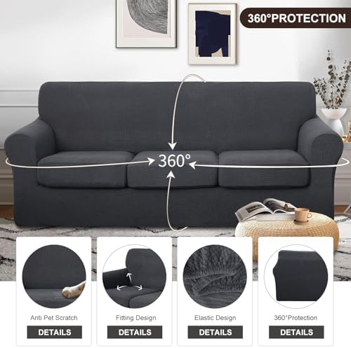 U-NICE HOME 4 Pieces Stretch Couch Cover Sofa Slipcover, Dark Grey - Image 4