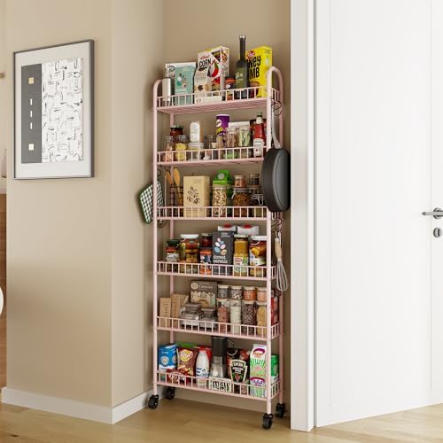 6 Tier Slim Rolling Storage Cart with Wheels, Metal Mobile Shelving Unit Organizer Utility Cart for Office Bathroom Kitchen Laundry Room Narrow Places (Pink 6 Inches) - Image 3