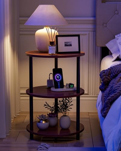 XBurmo Small Round End Table - 3 Tier Design Accent Table, Narrow Side or Bedside Stand, Industrial Vintage Table for Small Spaces, Built-in USB Ports and Power Outlet, Rustic Walnut - Image 5